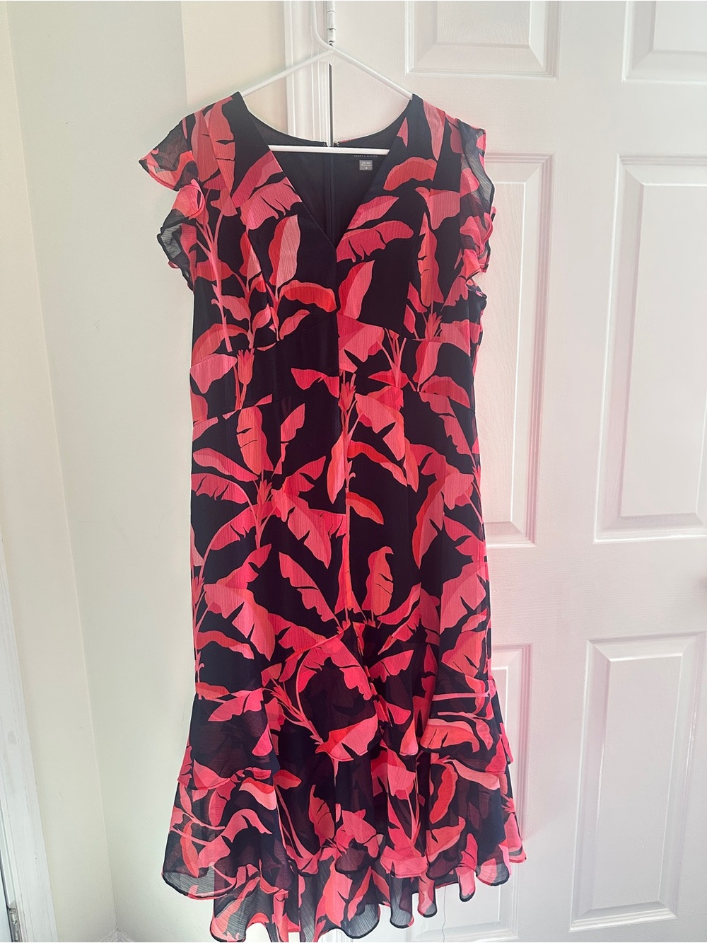 Tommy Hilfiger Floral-Print V-Neck Ruffle Dress in Navy and Bright Pink